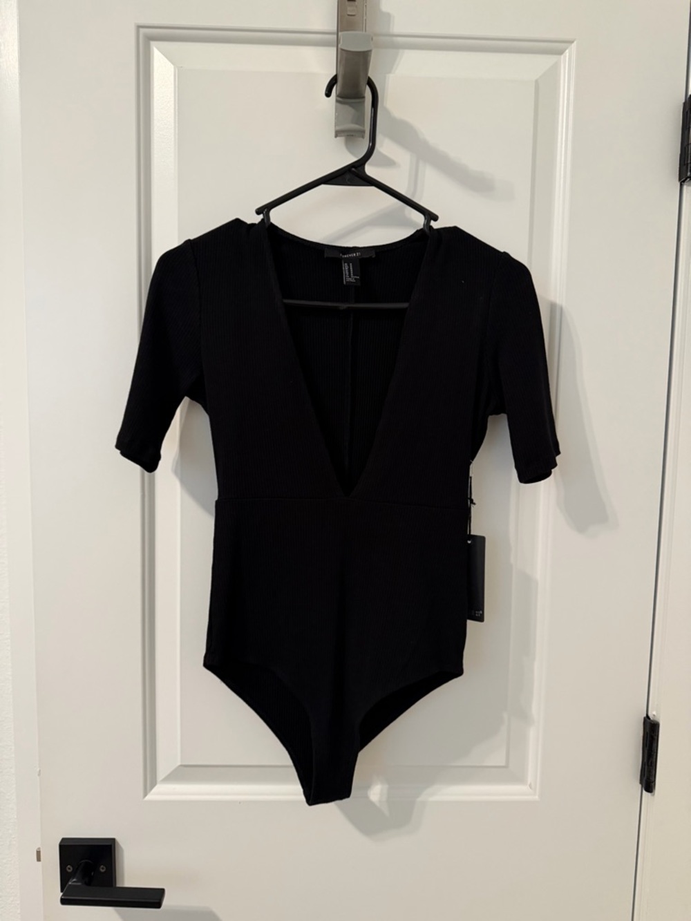 Forever 21 Black Ribbed V-Neck Bodysuit